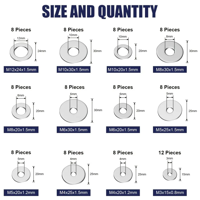 Stainless Steel Fender Washers Flat Washers for Screws and Bolts 100pcs Metal Kit 12 Sizes M3-M12 Assorted