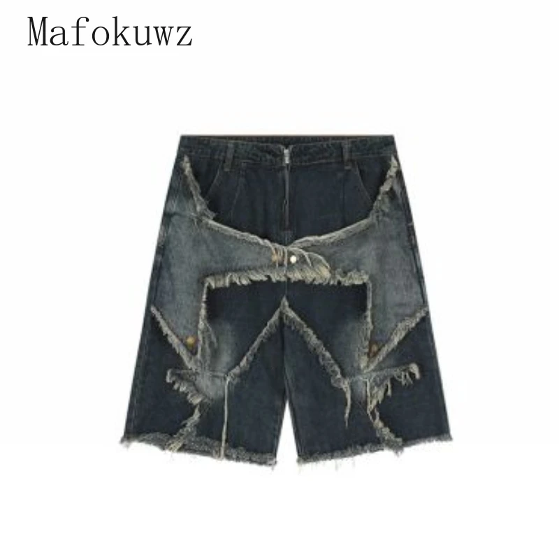 American Retro Niche Star Patches Tassel Denim Shorts Men's Loose Casual Hip-hop Street Five-point Pants Men Bottom Male Clothes