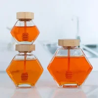 100ml/380ml Bamboo Wood Cover Hexagonal Glass Jar with  Stirring Dipper Hexagon Honey Container 100ml Iron Cap Storage Bottle 1