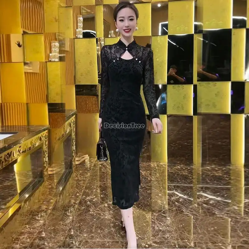 

2023 chinese improved fashion sexy cheongsam dress slim-fit package hip hollow out design long sleeve elegant qipao dress s749