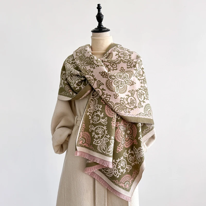 Elegant Checkered Design Scarf Imitation Cashmere Soft Warm Versatile Shawl Coldproof Windproof Blanket Scarf for Autumn Winter