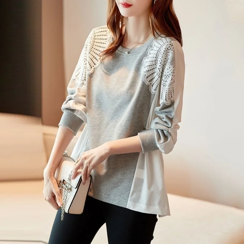 2022 Spring Autumn Sweatshirt Women New Fashion Lace Stitching Loose Large Size Sweatshirt Korean Style Slim Waist Clothes