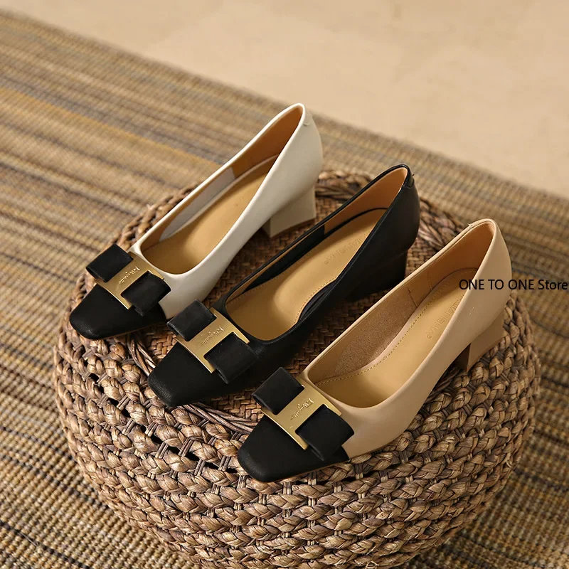 

Туфли женские из натуральной кожи, высокий каблук, квадратный носок, на толстом каблуке, бант, металлический декор, простые Прошитые, кожаные туфли