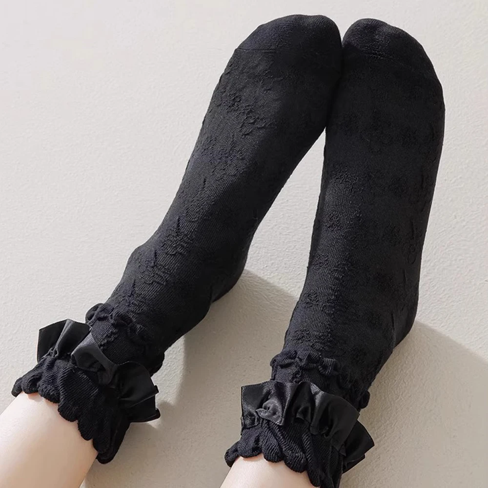 Pack of 5 Pairs Lolita Socks White Bow Lace Socks Middle Tube Japanese College Style Princess Sweet JK Cute Streetwear