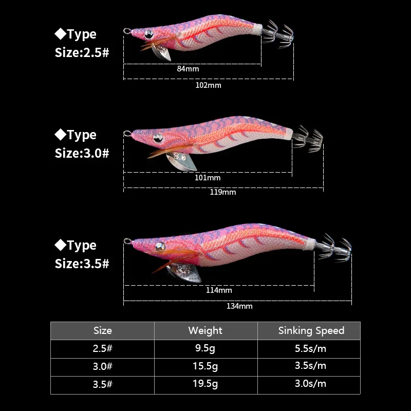 2.5# 3.0# 3.5# Glow Squid Egi Bait Luminous Wooden Shrimp Squid Jig Eging Squid Hook Artificial Bait Octopus Cuttlefish Fishing