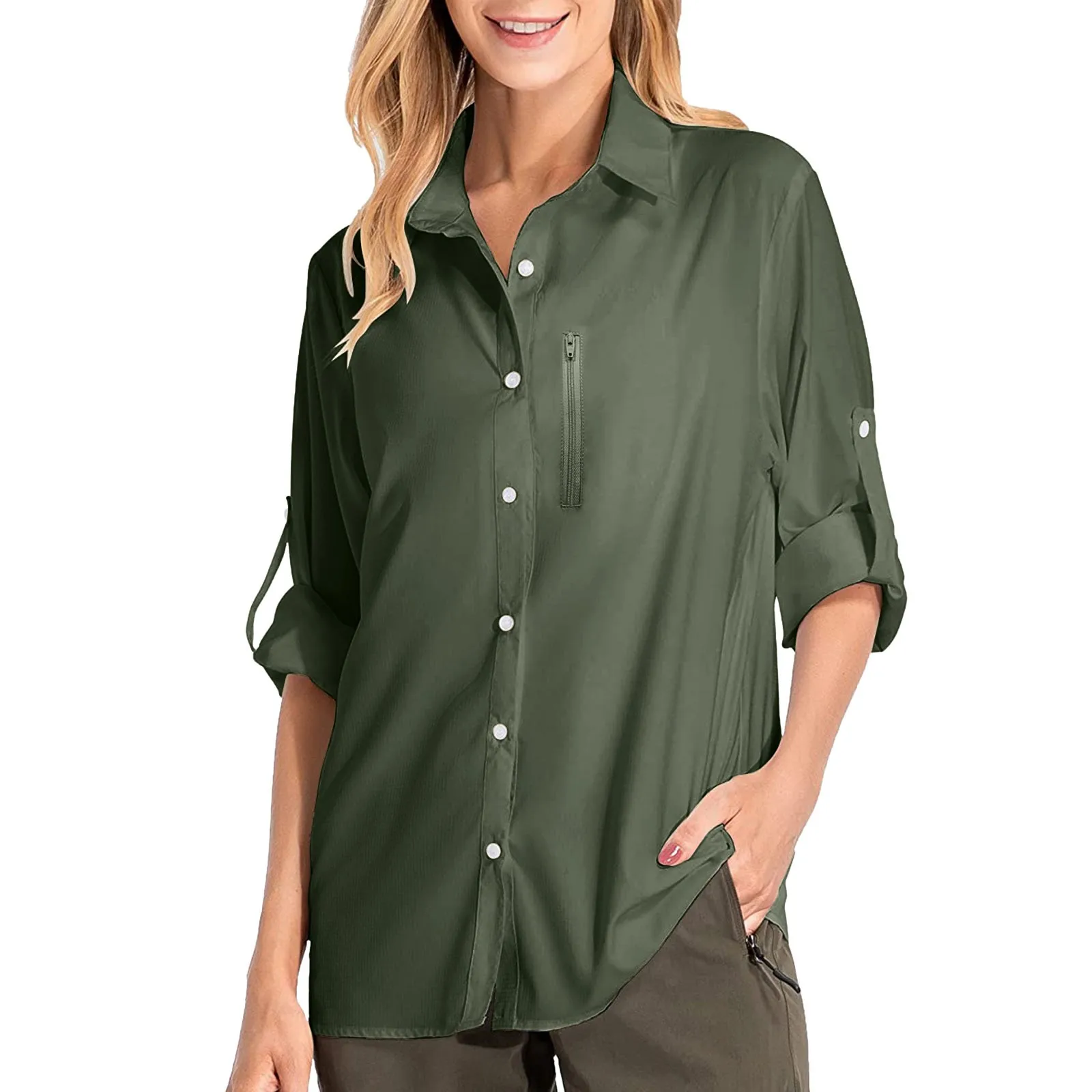 Boho Women Shirt Elegant Green Button Up Long Sleeve Shirts Long Sleeve Blouses Business Ladies Tupf 50+ Suncreen Blusa Mejur