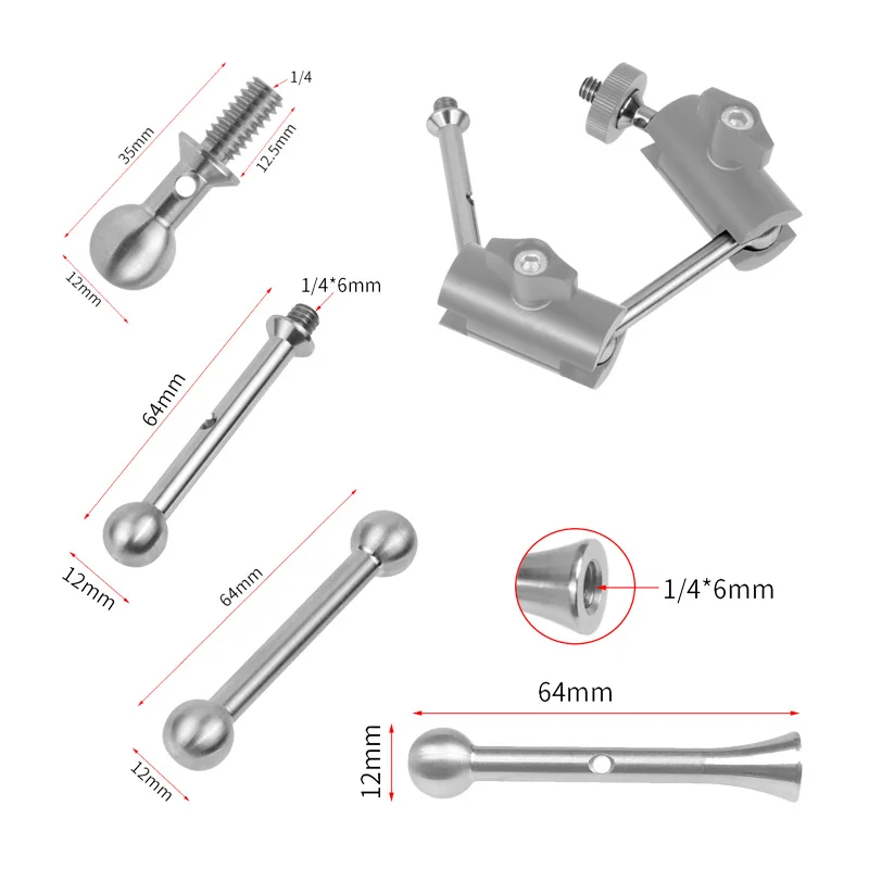 304 Stainless Steel D12mm Ballhead for Tripod Magic Arm to Ball 1/4" Male Female Screw Adapter for Camera Cage Monitor LED Light