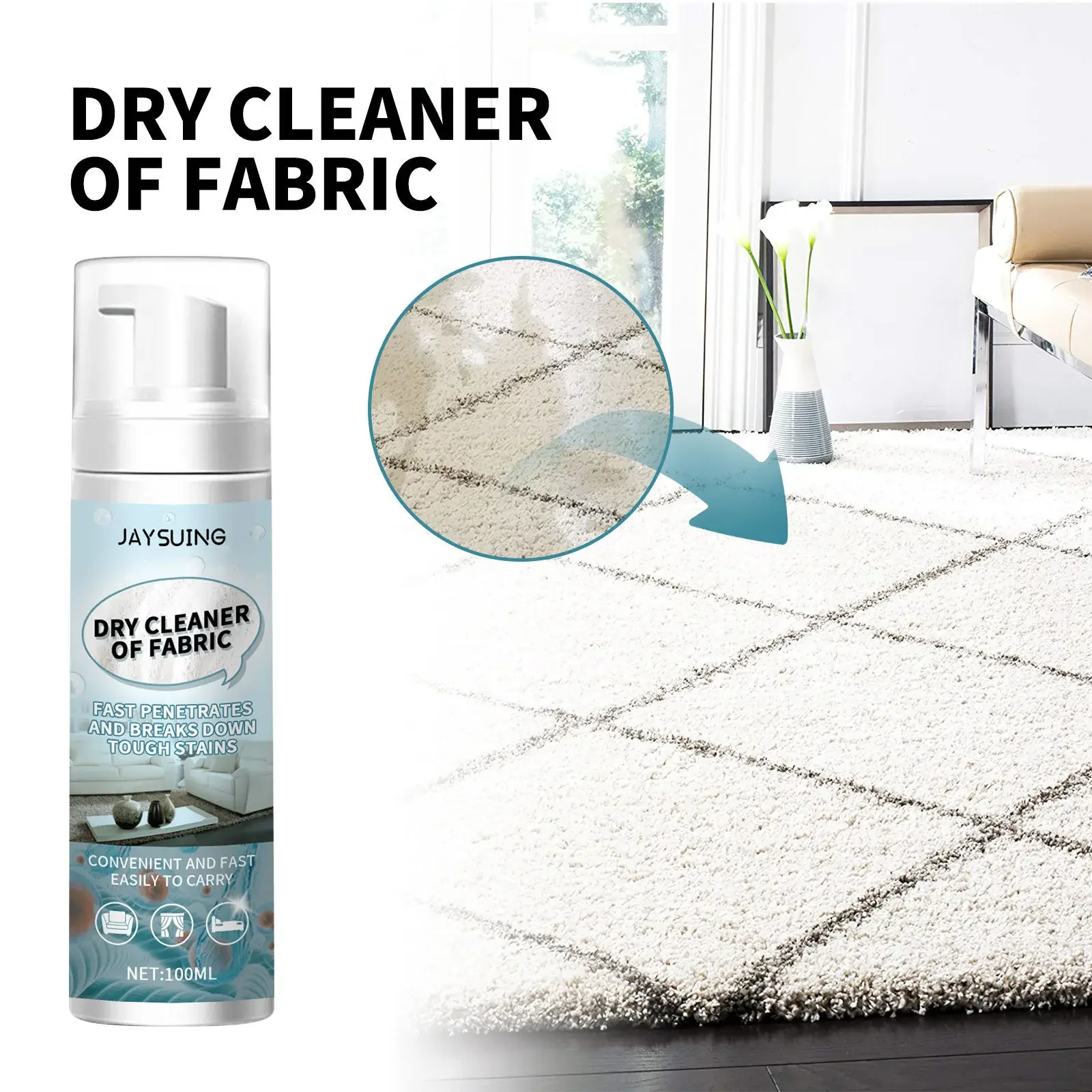 Jaysuing 100ml Fabric Foam Cleaner Furniture Stain Remover Sofa Cloth Carpet Curtain Stubborn Stains Cleaning Dry Cleaning Spray