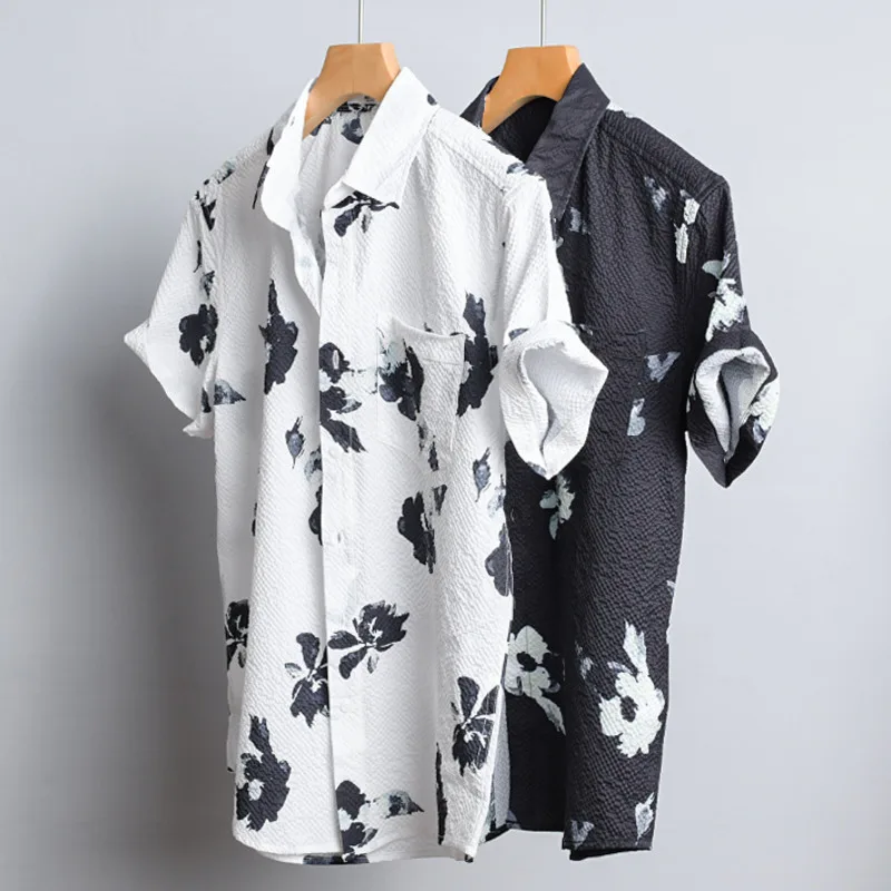 Men's Hawaiian Shirts Short Sleeve Beach Shirt Vacation Button Down Shirts Relaxed Fit Bubble Texture Casual Flower Printed Tops