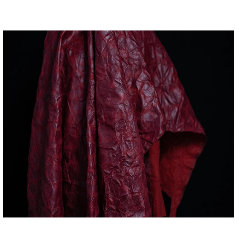 Red PU Leather Pleated Vintage Fabric Creative Clothing Designer Sewing Fabric by the Meter