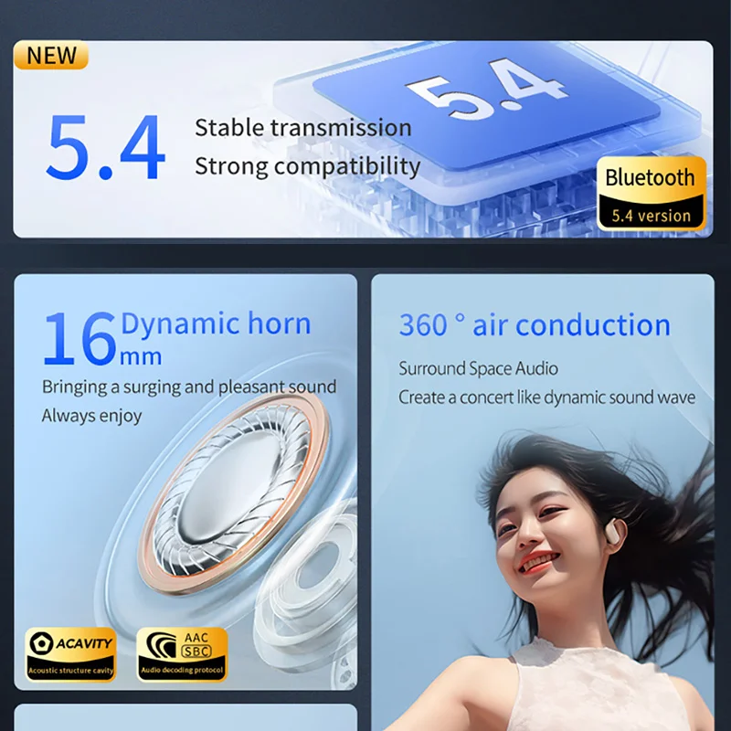 Aigo TG330 이어 후크 스포츠 이어폰, 무선 블루투스 5.4 헤드셋, 긴 지구력 HD 귀 걸이형 오픈 웨어러블 헤드폰