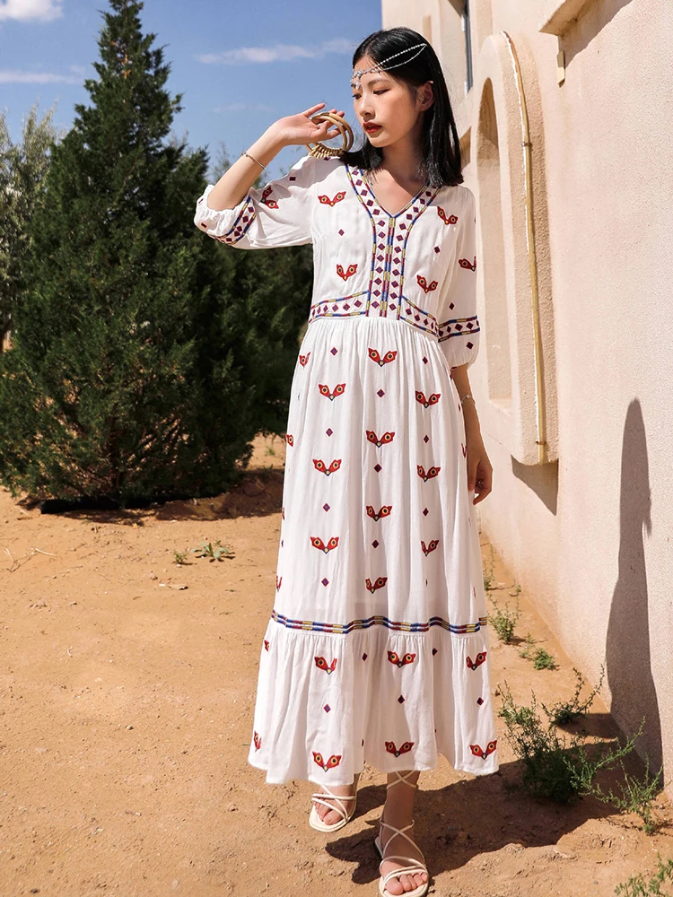 Boho Flores Bordado Vestido Vestido Boho Blanco Bordados De Flores