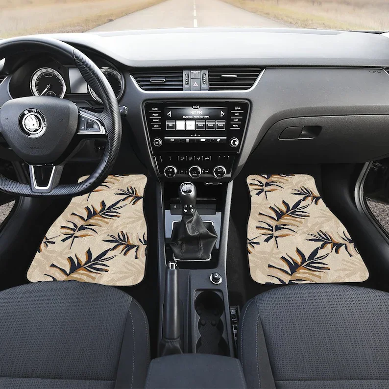 

Beige Leaves Plants Floral Flowers Car Floor Mats Set, Front and Back Floor Mats for Car, Car Accessories