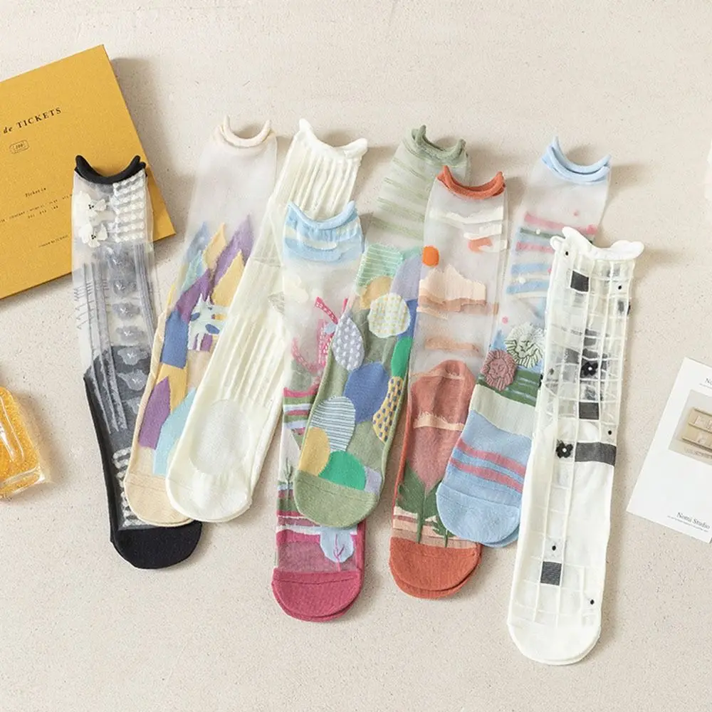 

Kawaii Transparent For Women Cute Japanese style Asymmetry Sweet Middle Tube Socks Female Hosiery Glass Silk Socks Floral Socks