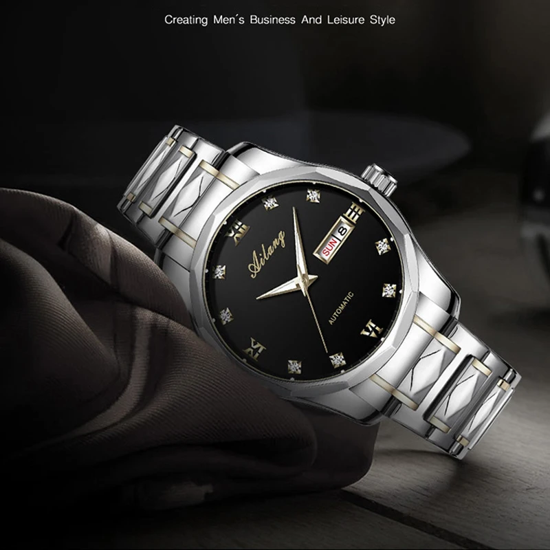 AILANG New Luxury Brand Fashion Business Men Watch Stainless Steel Automatic Mechanical Watches Luminous Weekly Calendar Display