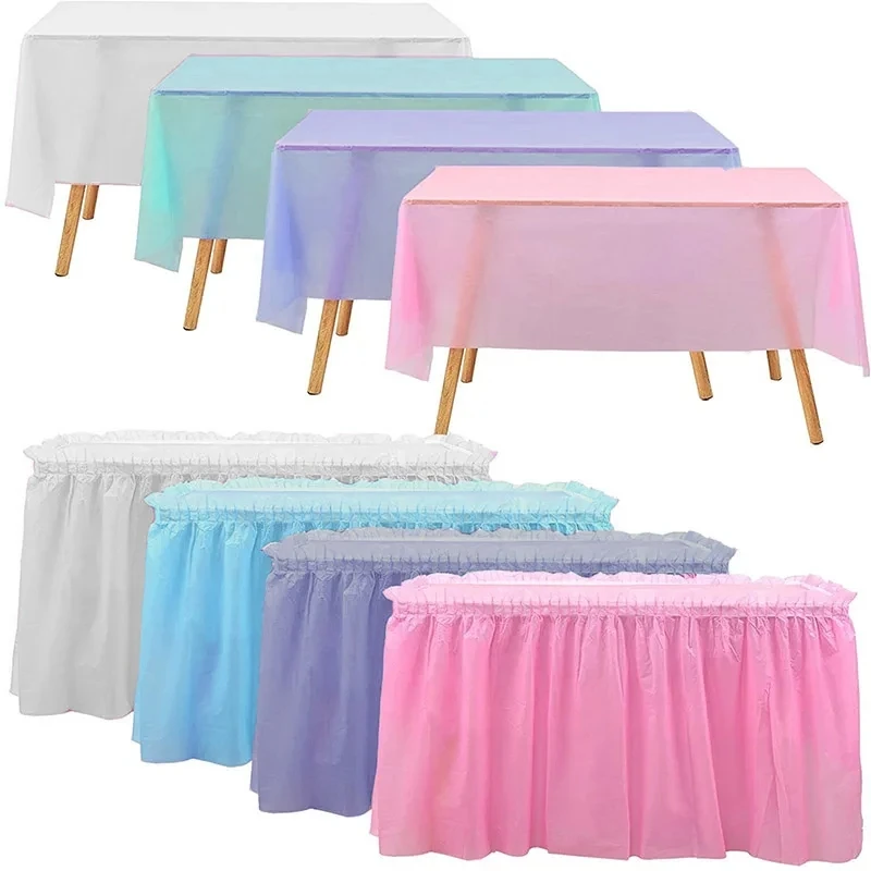 2PCS Pastel Table Skirt Blue/Pink Rainbow Birthday Party Decor Disposable Table Skirts Cover Christening Baby Shower Wedding