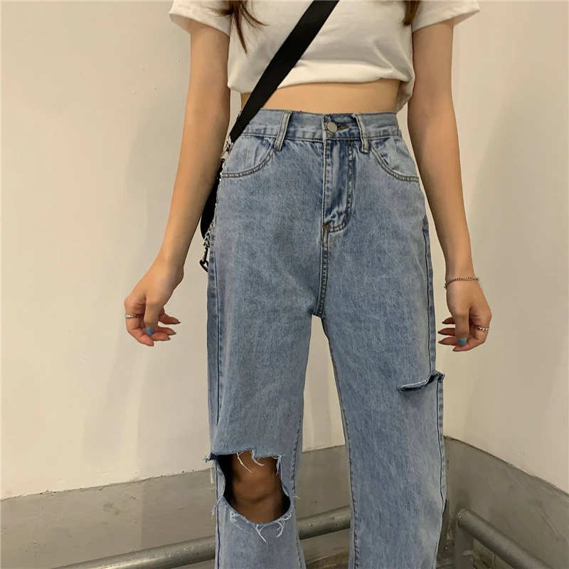 black jeans Light Blue Ripped Jeans Women 2021 New Ins Trendy Wide Leg Loose Straight Pants Casual Hole Streetwear Trousers Mujer Female denim jacket for women