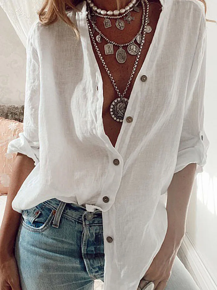 Women Loose Fit V Neck Long Sleeve Blouse