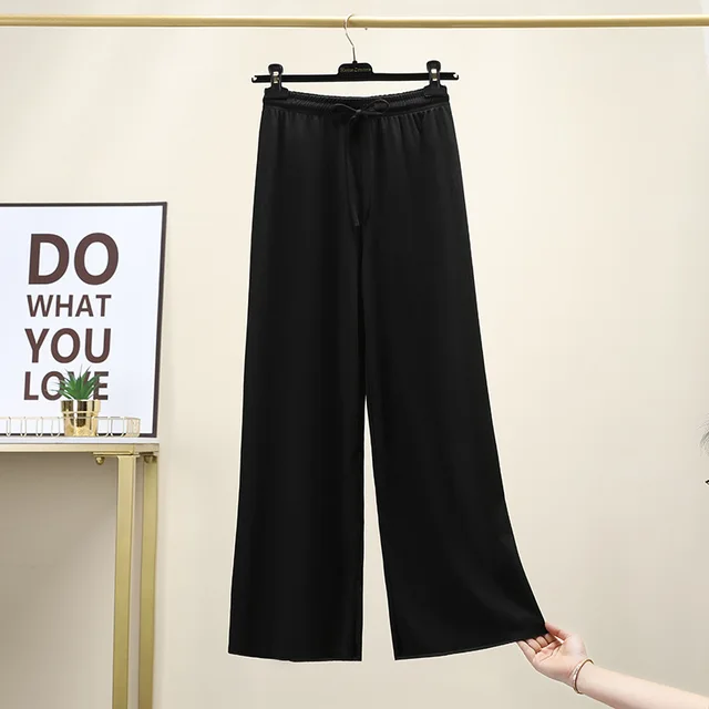 Long pants women's straight pantalon pour femme pants loose thin high waist women broad-legged pants sweatpants stacked leggings smooth--black