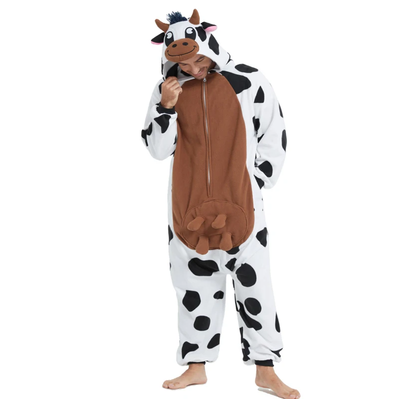 Adult unisex animal cow cosplay game costume kigurumi men one piece pajamas halloween christmas party hooded cartoon pajamas