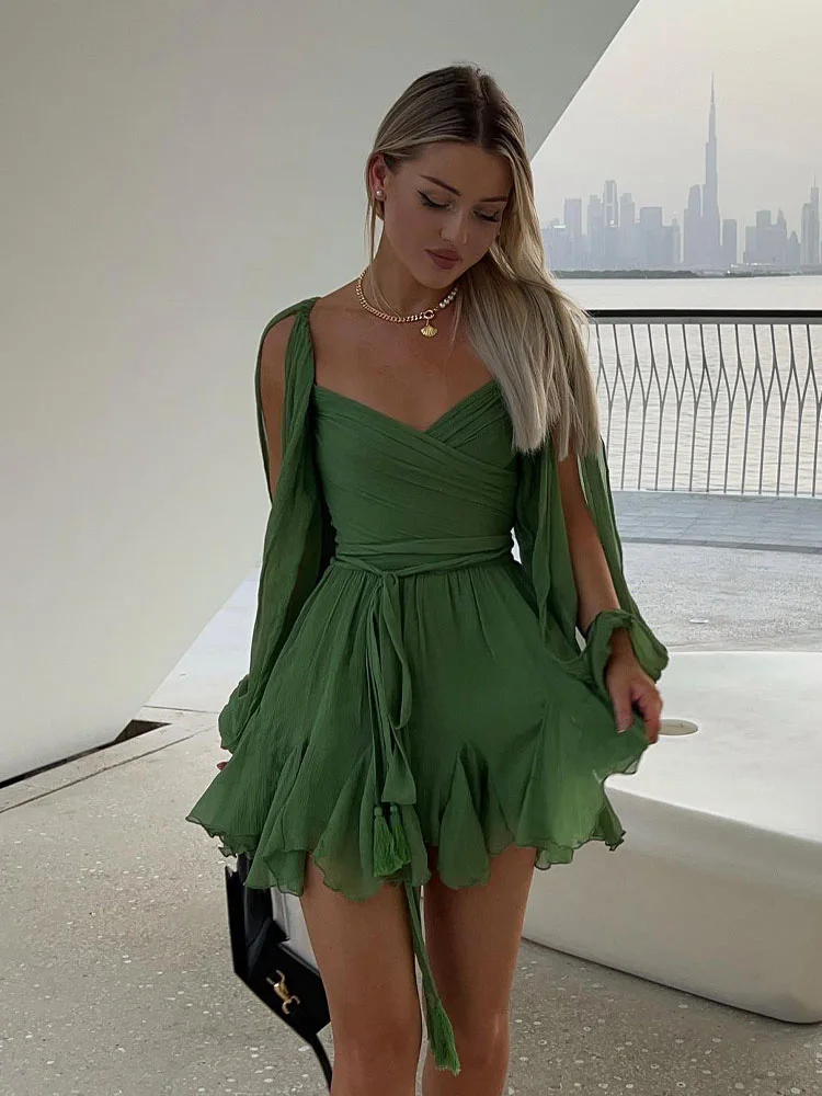 HH Female Chic Summer Chiffon Cut Out Backless Lace Up Mini Dress Woman  Elegant Long Sleeve Beach Vacation Dresses Mujer - AliExpress 200000345