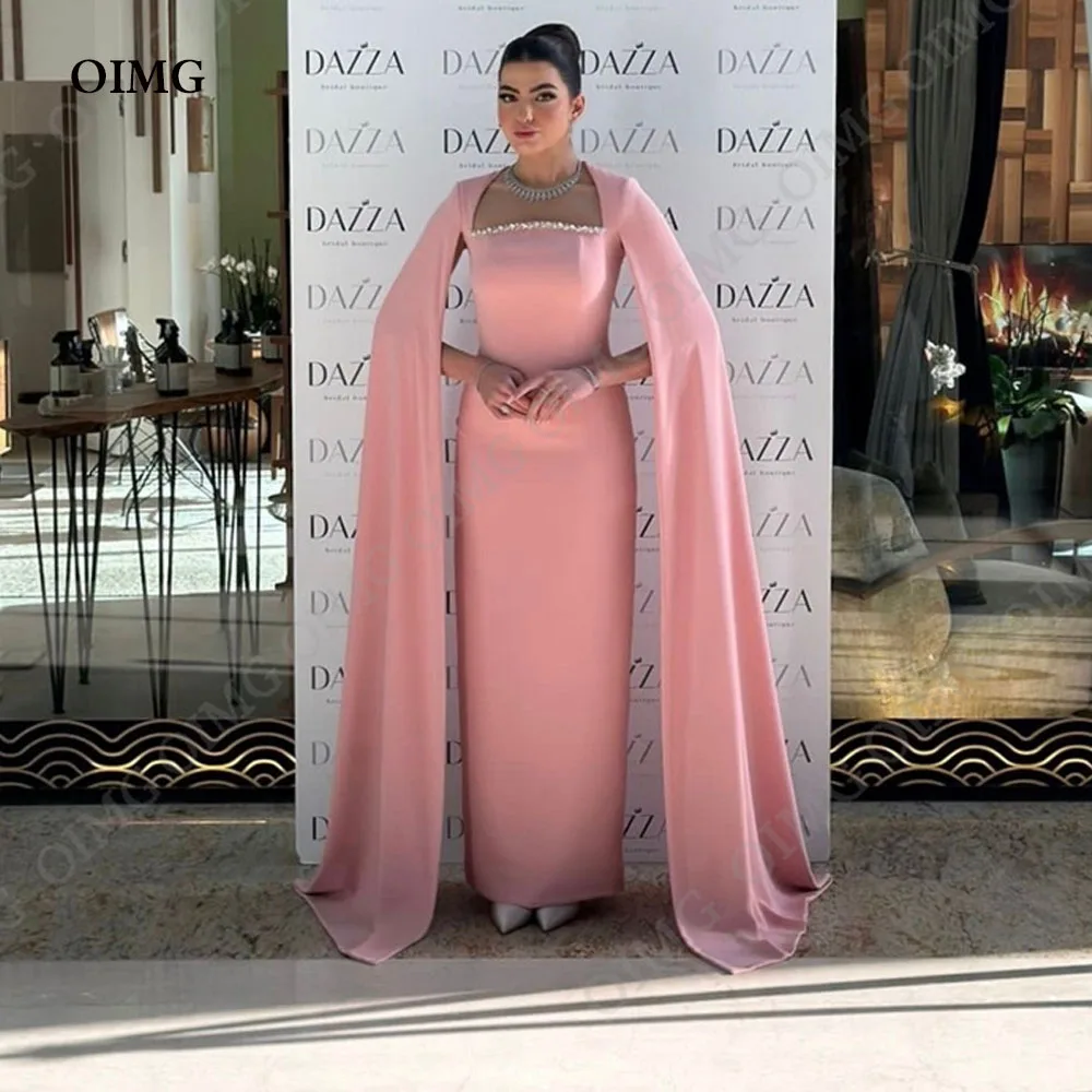 

OIMG Elegant Pink Shiny Beads Sequins Long Satin Prom Dresses Long Cape Formal Party Dress Evening Gowns Dubai Women 2024