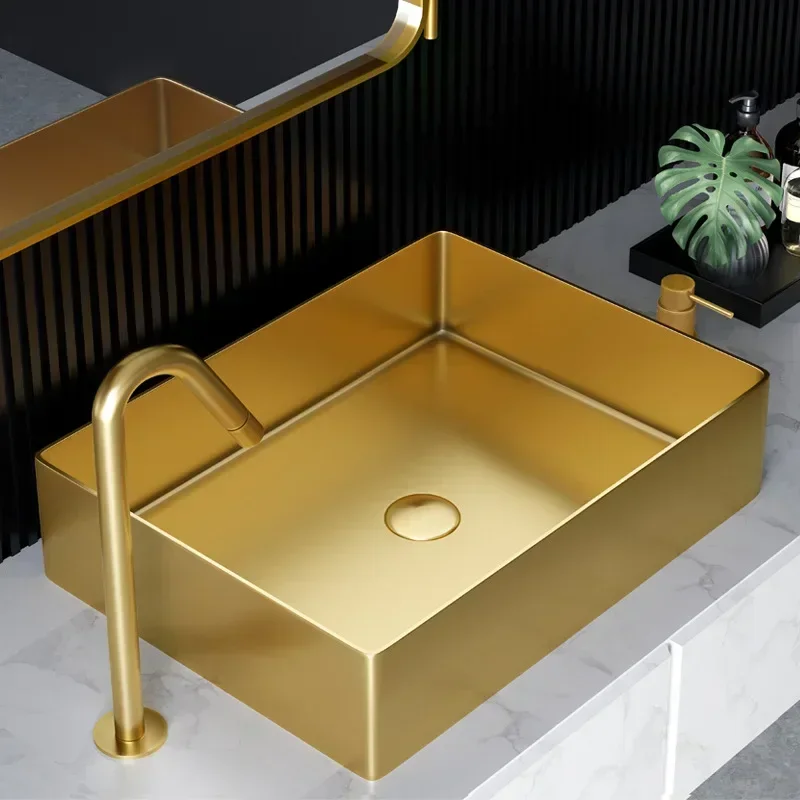 

Light Luxury Golden Rectangular Stainless Steel Table Basin Hotel Toilet Wash Basin Single Basin Washbasin Household