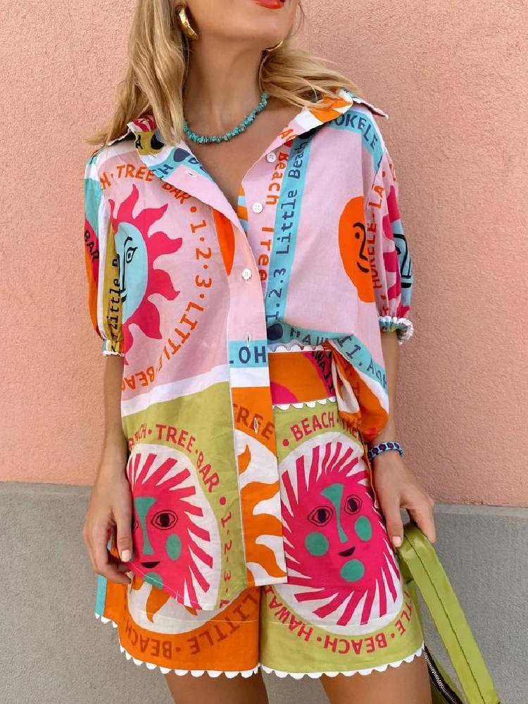 Women Hawaiian Printed Two-piece Set, Short Sleeved Shirt, Shirt, Top, Loose Shorts, Beach Wear, Casual Wear For 2024 Pant Sets