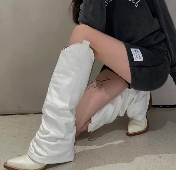 

Spring White Black Jeans Denim Pointed Toe Knee High Pants Boots Women Fashion Tube Slip On Square Med Heels Long Botas Shoes