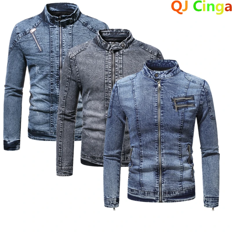 QJ CINGA 그레이 스탠드 칼라 진 자켓 남성 캐주얼 코트 봄 &amp; 가을 신사복 지퍼 자켓 탑 M-3XL