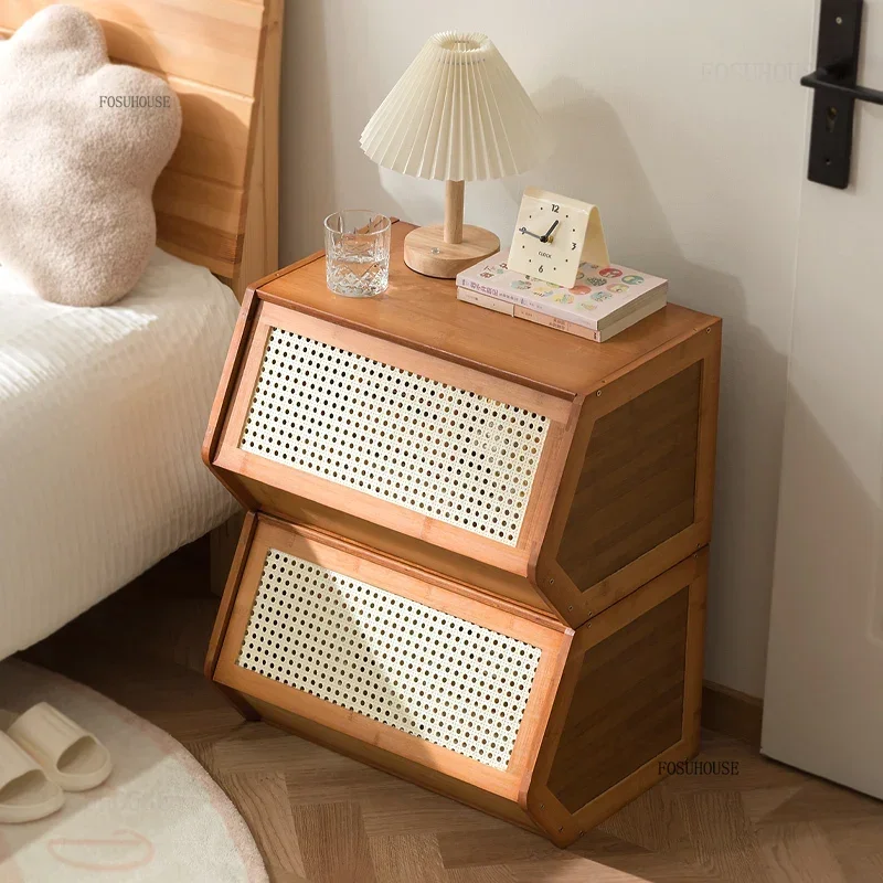 Double-layer Bamboo Nightstands for B&B Chinese Breathable Night Table Minimalist Multifunctional Bedside Table for Kitchen