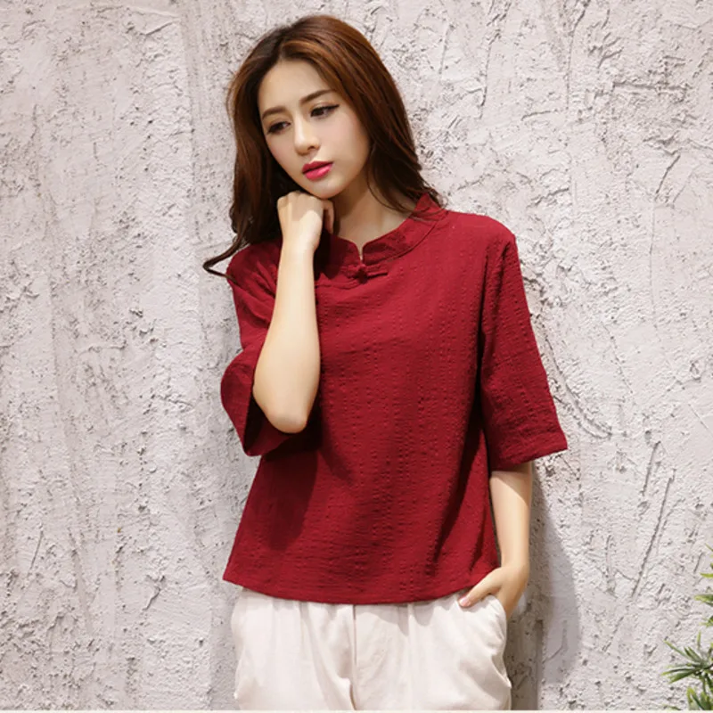 Cotton Linen Vintage Tops Short Women 2022 Summer New Solid Improve Chinese Shirt Female Ethnic Style Blouse Traditional Clothes