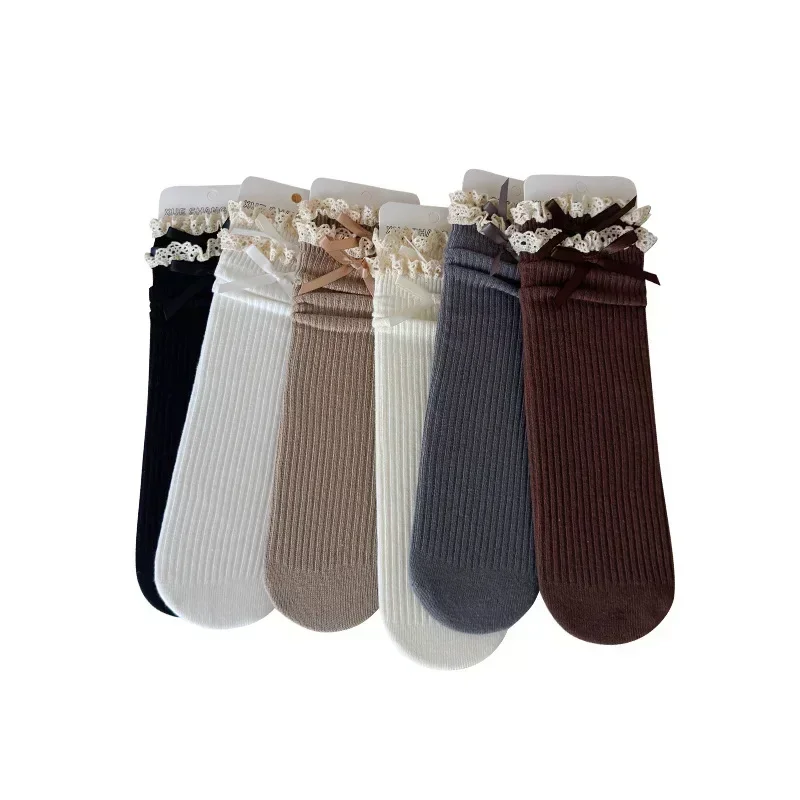 Fall Winter Princess Girls Ruffle Lace Socks Retro Lace Bow Calf Socks for Kids Children Soft Cotton Pile School Long Socks