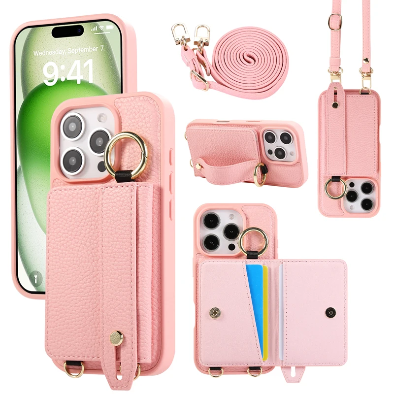 Luxury PU Leather Wristband Case with Lanyard and Card Holder, All-Around Shockproof Design