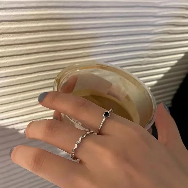 2Pcs/Lot Black Color Heart Wave Open Ring Set Jewelry Adjustable Index Finger Anneaux for Men Women Party Anillos Accessories