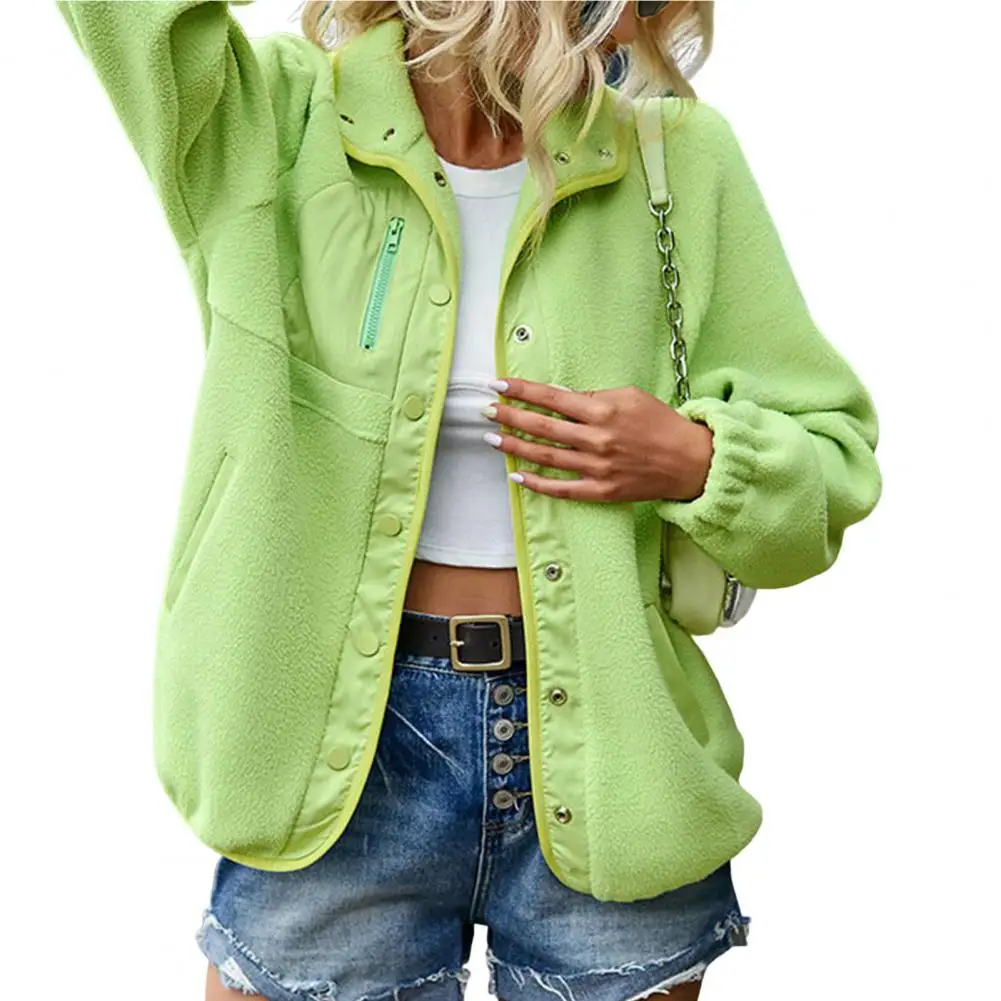 women-winter-coat-zipper-decor-long-sleeves-lapel-single-breasted-plush