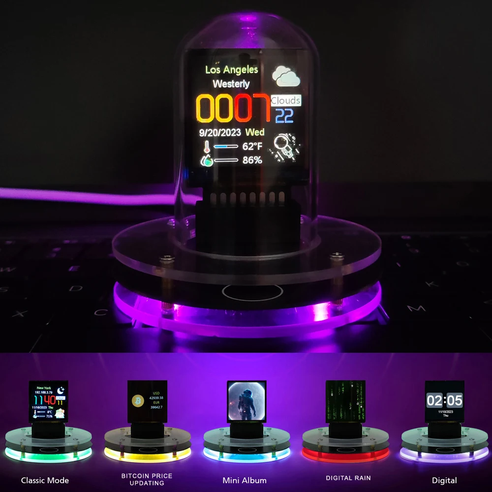 Weather Clock Mini Weather Clock Bitcoin Price Tracker Nixie Tube Alarm Clock with Colorful RGB Lights and WIFI Weather Station DIY Album and GIF Animations