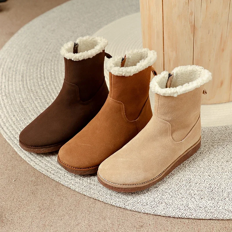 

2023new winter warm shoes Women ankle boots natural leather 22-24.5cm cow suede+wool modern boots side zip round toe short boots