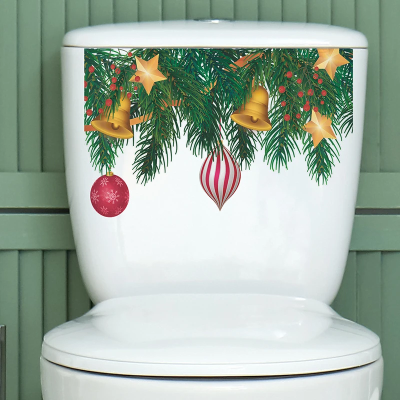 Christmas Toilet Sticker Cartoon Christmas Balls Holly Leaf Snowman Elk Wall Decals PVC Xmas Bathroom Commode Home Decoration vinyl stickers toilet stickers toilet wall stickers