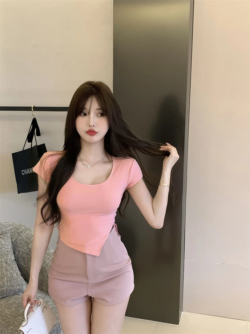 Summer Korean Fashion Y2K T-shirt Woman Japane Crop Top U-neck Split Sexy Red Pink White Tee Shirt Women Vintage767_voghion.com
