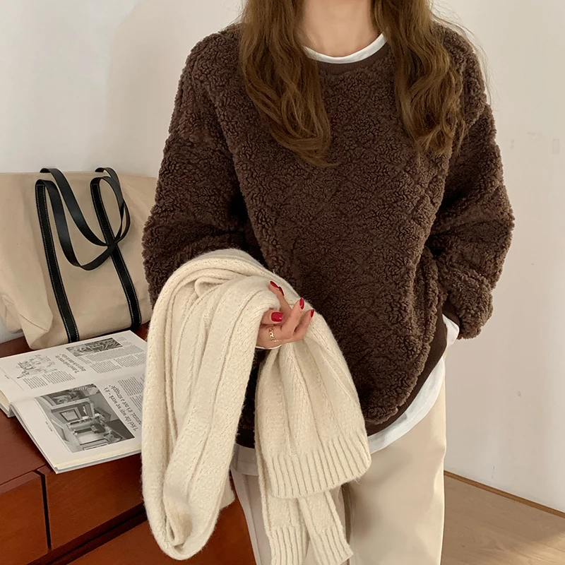 Lambswool New Tops Women Kawaii Sweatshirts Autumn Winter Thick O Neck Fleece Oversize Pullover Solid Sweatshirt Woman Fleeces