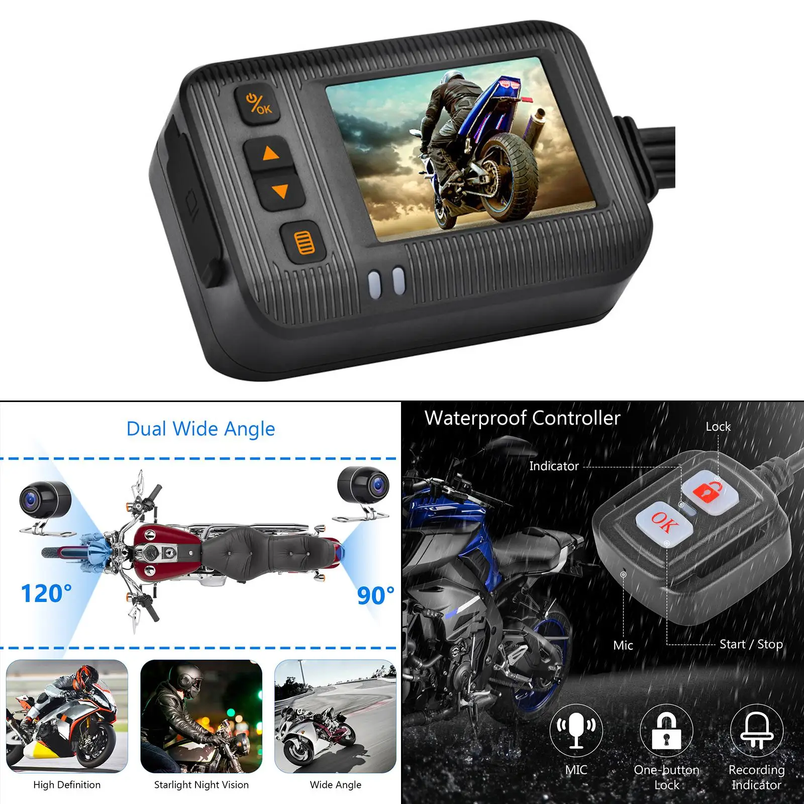 

Driving Camera 2 inch Waterproof Rear 90 Degree Taking Pictures Loop Recording 32G TF Card LCD USB 1080P for Motorbikes