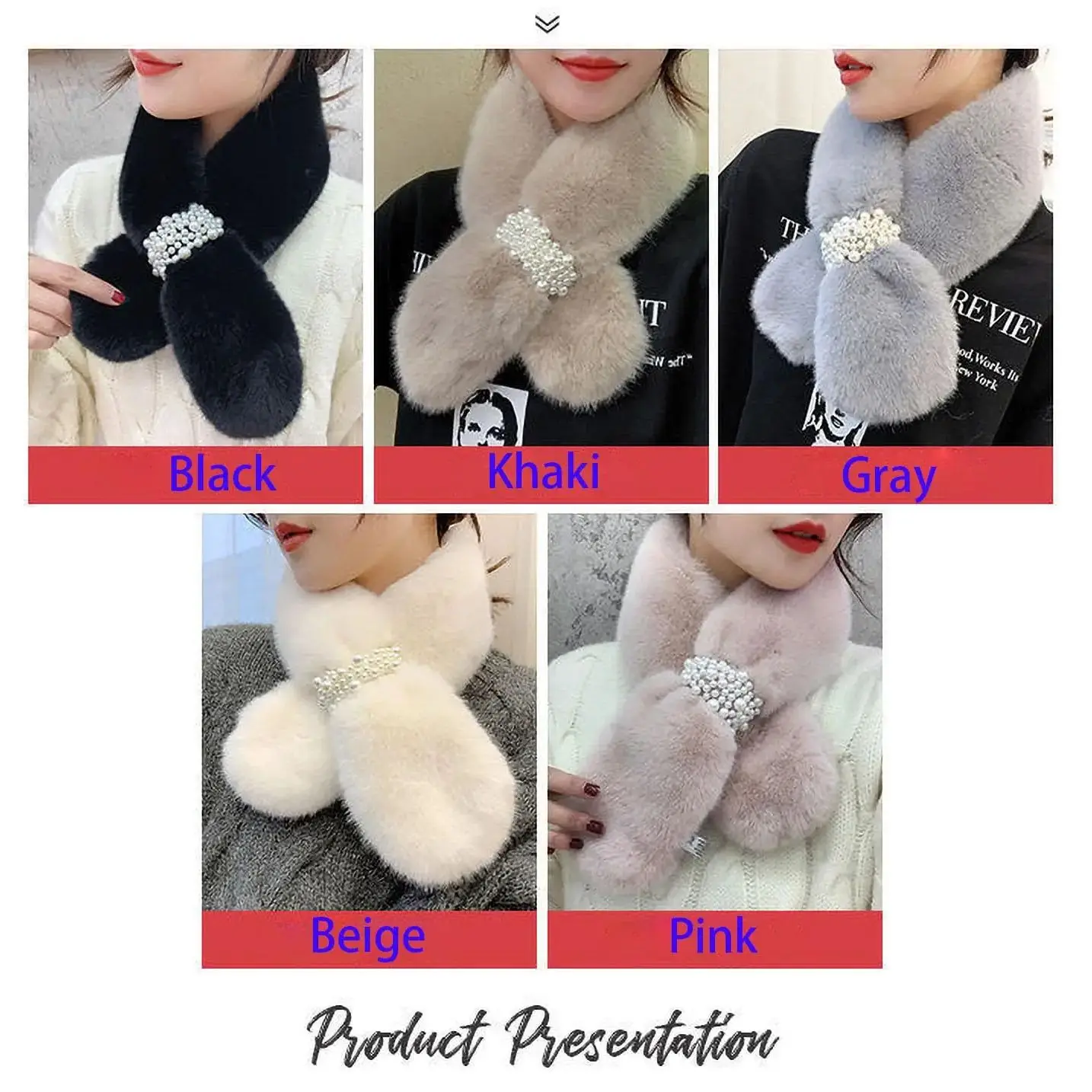 Winter Warm Scarf Windproof Women Elegant Thicken Plush Scarf Thermal Berathable Neck Cover Pearl Cross Shawl Neckerchief