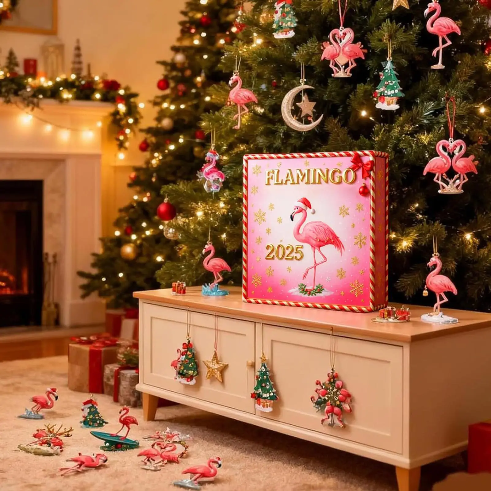 2025 Christmas Advent Calendar gift 2D Flat Acrylic Flamingo Ornaments Christmas tree decorations Holiday Countdown Calendar