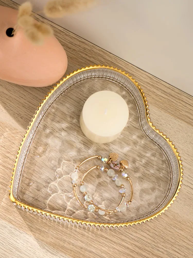 European Heart Clear Glass Tray With Gold Rim Small Large Set Of Two For Home Tabletop Jewelry Comestic Candle Watch Key Storage 3