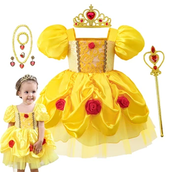 Baby Girl Pagliaccetto Tutu Dress Infantile Kid Belle Principessa Vestiti Carino Abito giallo Halloween Cosplay Party Costume Outfit