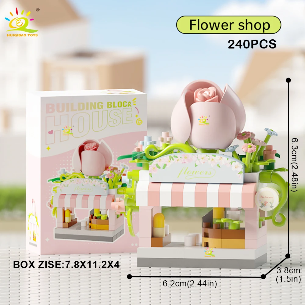 HUIQIBAO MOC Street Shop model Micro Building Block Burger Fried Flower Model Mini Brick Toy for Children Desk Decoration