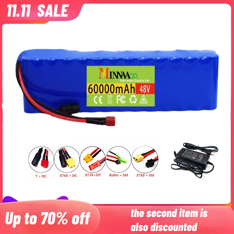 

High Capacity 13S2P 48v 60Ah 18650 Li-ion Battery for Bafang Electric Bike Retrofit Kit 1000w 54.6V 2A Charger + XT60 Plug