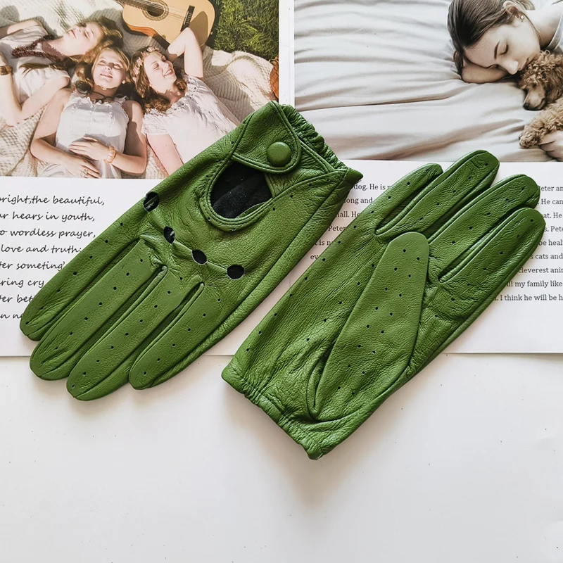 Thin Women's Sheepskin Driver Gloves Summer Breathable Snap Button Colored Genuine Leather Gloves