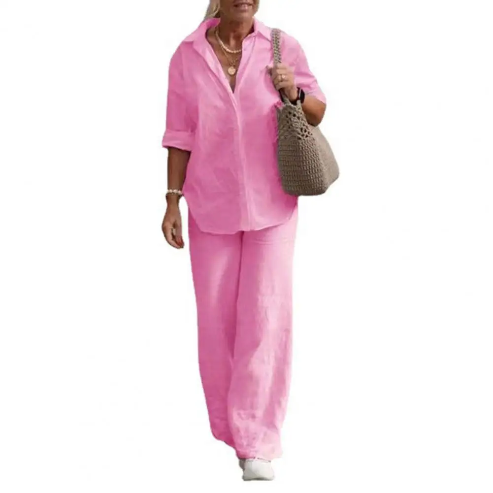 

1 Set Women Summer Suit Turn-Down Collar Single-breasted Shirt Trousers Set Cotton Linen Top Wide Leg Pants Loose Outfits